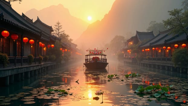 A boat is floating down a river in front of a sunset. The scene is peaceful and serene, with the boat and the surrounding houses creating a sense of calmness