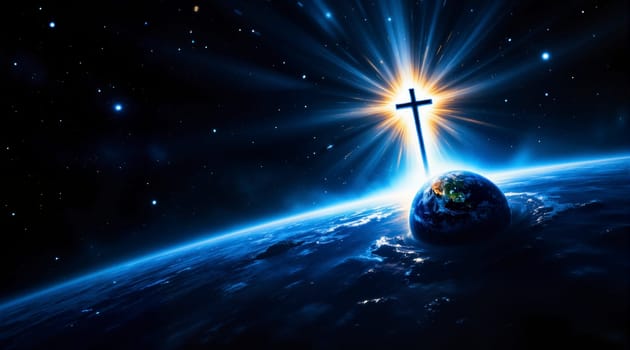 A glowing cross is on a blue planet. The cross is lit up and he is shining brightly