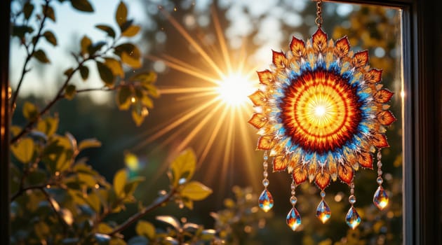 A colorful, multi-colored, sun-lit, ornate, and intricate design hanging from a window