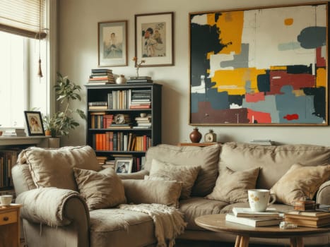 Warm and inviting living room with an abstract painting, a well-stocked bookcase, and a comfortable sofa, creating a cozy and relaxing atmosphere. Ai generated