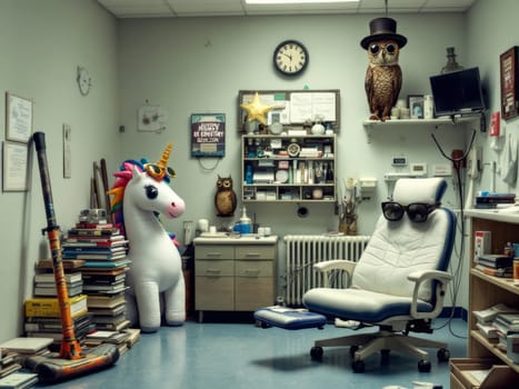 Inflatable unicorn and an owl wearing a top hat are decorating a doctor's office, creating a surreal and whimsical atmosphere. Ai generated