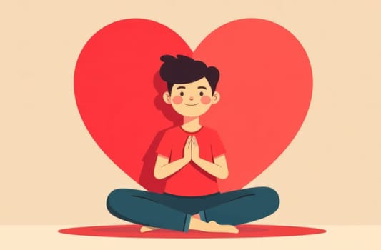 A boy sitting and meditating with heart in background