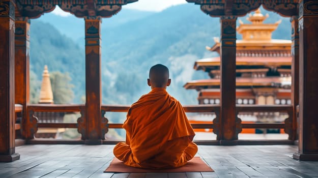 A monk in bright orange robes sits in a meditative pose inside a traditional temple, gazing at distant mountains - Generative AI
