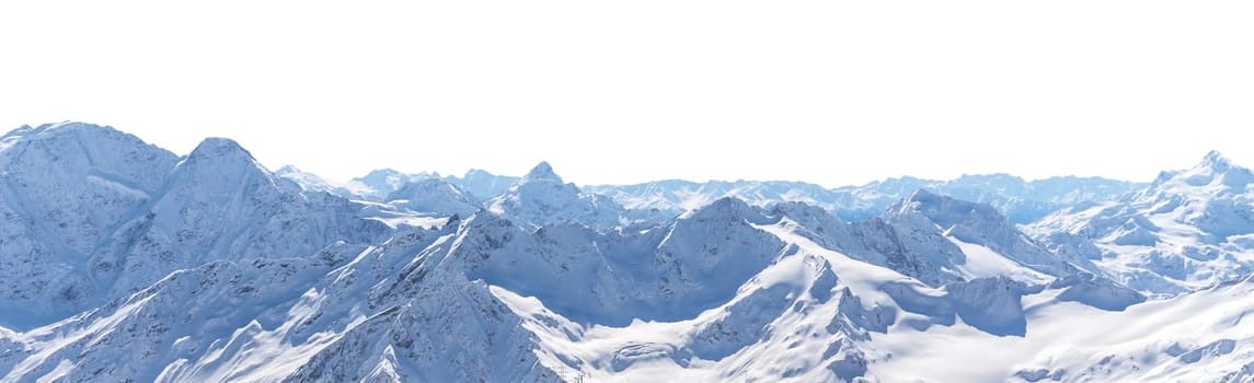 Panorama of winter mountains covered in snow isolated on white background. Mountain peaks in winter