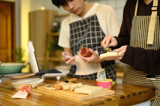 Happy gay couple in aprons preparing a delicious meal together in modern kitchen..