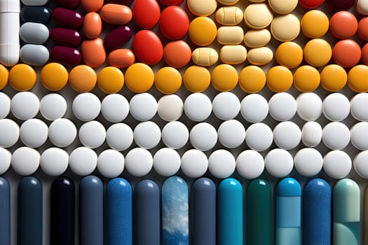 Background with pills and capsules ordered in rows or pattern. Medical drug or dietary supplement concept. Generated AI