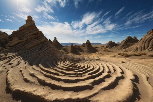 Surreal rock vortex formation. Fictional coiled stones in the desert mountains. Generated AI