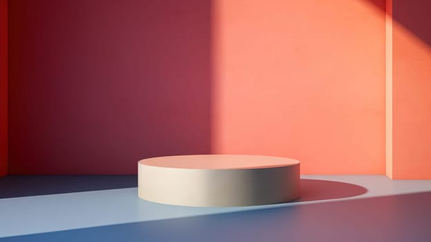 Pedestal in colorful room with shadows on the wall. Rich colored podium scene for product display. Generated AI