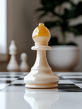 A serene scene: an amber-crowned white bishop sits on a marble chessboard. Soft light highlights it, set against blurred chess pieces and greenery.