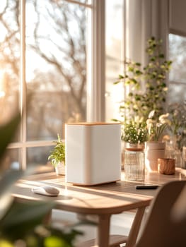 Modern minimalist home office with sunlight streaming through window, showcasing a stylish white and wood device on a light wooden table among plants. Clean design and calm atmosphere.