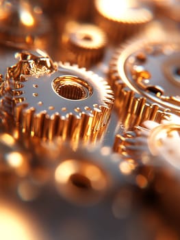 Close-up of intricate golden gears, meticulously detailed, showcasing a complex mechanism. The warm lighting enhances the metallic sheen and texture.