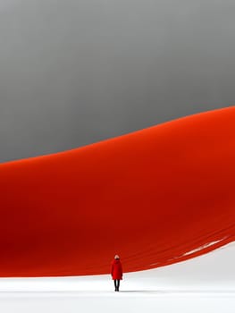 Solitary figure in a red coat stands before a dramatic, curved red sand dune against a gray sky. Minimalist landscape.