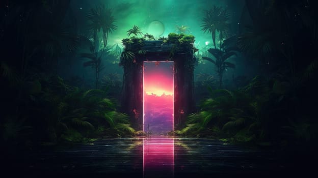 Mysterious door or portal with neon light in the jungle in synthwave style. Generated AI