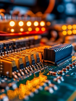 A close-up reveals a circuit board's complex design, lit by warm amber lights. Intricate components and vibrant colors showcase high-tech detail, evoking innovation and technological progress.