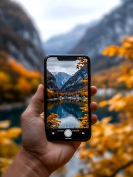 Person taking autumn lake and mountain view with smartphone. Crisp fall colors, stunning scenery. Perfect travel imagery.