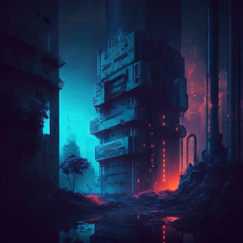 Synthwave retro landscape in 80s style with old factory in industrial city district and neon lights. Generated AI