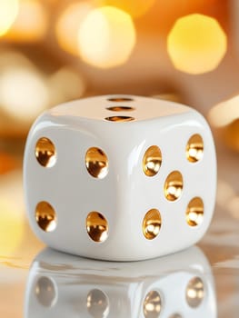 A luxurious white die, gold-accented, sits on a reflective surface against a blurred golden backdrop. The close-up showcases its elegant design, hinting at chance and celebration.