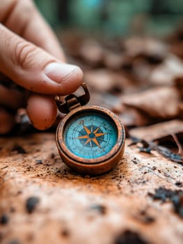 A hand holds a vintage, bronze compass. Its teal face contrasts with the autumn leaves, hinting at journey and discovery.