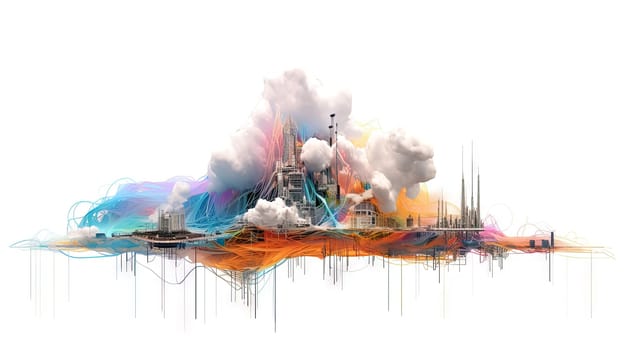 Architectural cloud concept with city structure and connections. Urban private environment and real estate concept. Generated AI