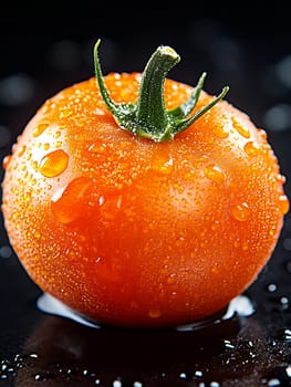 Close-up of a single, ripe, red tomato covered in water droplets, set against a dark background.