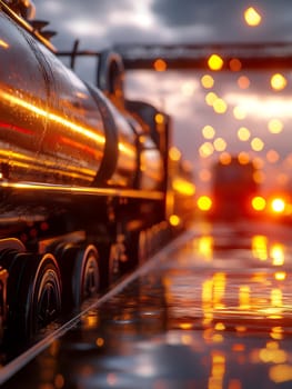 Wet train at sunset. Reflective surface shows bokeh lights. Dark, moody, cinematic feel.
