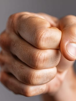 Close-up of a man's clenched fist, showing detailed texture of skin and knuckles. The image emphasizes the strength and tension in the hand.