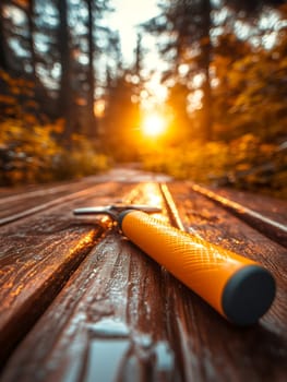 Orange handle selfie stick rests on a wet wooden bench in a sun-dappled forest at sunset. Peaceful autumnal scene evokes tranquility and adventure.