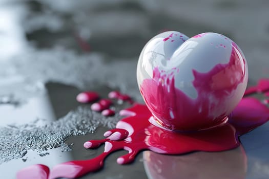 Sweet pink heart made of paint is melt dripping down. Valentines Day concept of love and romance. Generated AI.