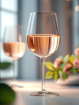 A glass of rosé wine sits on a table, bathed in soft light, next to a blurred background featuring another glass and pink roses. Relaxation, elegance, and summer vibes are evoked.