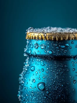Close-up of a cold, sweating beverage can, condensation dripping down the metallic surface. Refreshing, teal colored drink with golden cap. Perfect for summer.