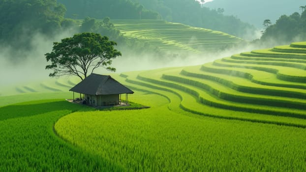 A small house sits in a field of green rice paddies. The house is surrounded by a lush, verdant landscape