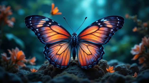 A butterfly with orange wings is sitting on a rock. The butterfly is surrounded by flowers, which are orange and yellow. The image has a peaceful and calming mood