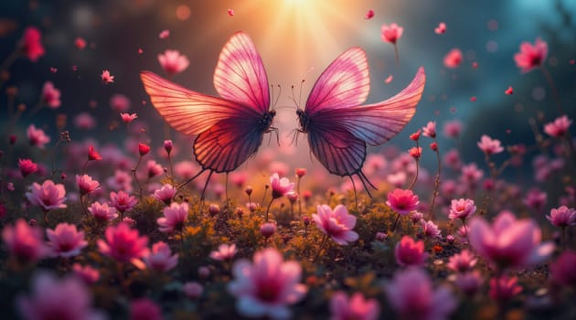 Two butterflies are standing in a field of pink flowers. The butterflies are facing each other, and the flowers are scattered around them. The scene is peaceful and serene, with the butterflies