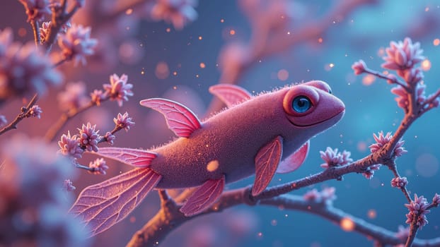 A fish with pink fins is sitting on a branch of a tree. The fish is surrounded by pink flowers, which gives the image a serene and peaceful mood