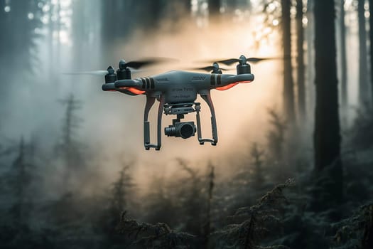 A drone hovers above a dense forest shrouded in mist, capturing stunning aerial perspectives as the morning light filters through trees.