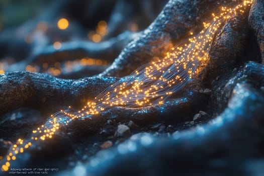 Fiber optic strands illuminate tree roots in a mystical forest, creating a mesmerizing blend of nature and technology in the twilight.