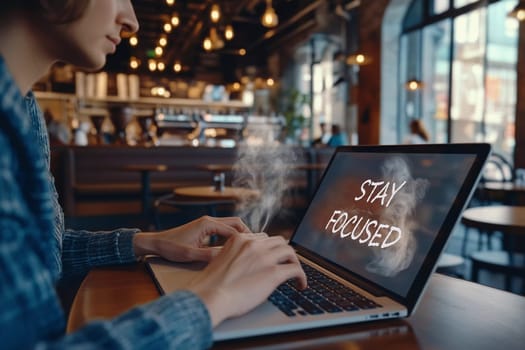 A person types on a laptop in a busy cafe, where the screen displays an inspiring message, enhancing concentration and productivity.
