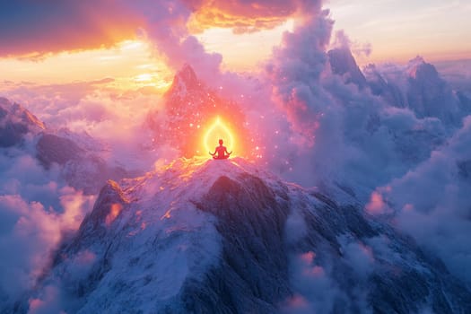 A solitary figure meditates atop a snow-covered mountain, surrounded by ethereal clouds, illuminated by a radiant sunrise.