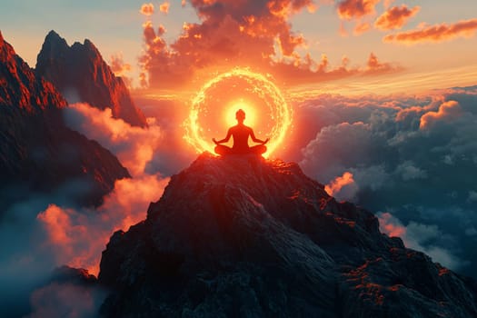 Serenity is found as a person meditates atop a mountain while a glowing sun sets in the background, illuminating the clouds.