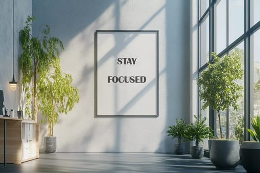 Motivational quote Stay Focused displayed prominently on a wall in a bright, spacious workspace filled with plants and natural light.