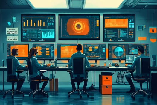 A group of professionals collaborates in a modern control room, analyzing data on multiple monitors while focusing on cybersecurity tasks.