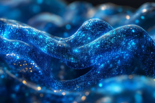 Vibrant blue waves composed of digital data patterns undulate smoothly, creating an entrancing visual effect that captivates the viewer.