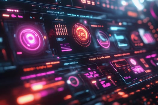 High-tech digital panels showcase colorful graphs and data visuals. The setting emphasizes modern technology and innovation.