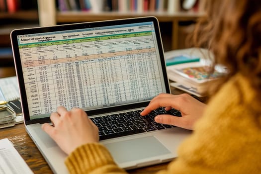 A person types at a laptop displaying complex spreadsheets, immersed in analysis at a well-organized workspace filled with books.