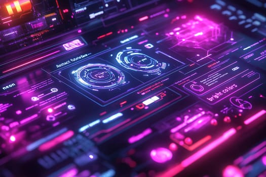 Digital interface showcases an abstract design with bright neon colors emphasizing intricate patterns and high-tech elements at night.
