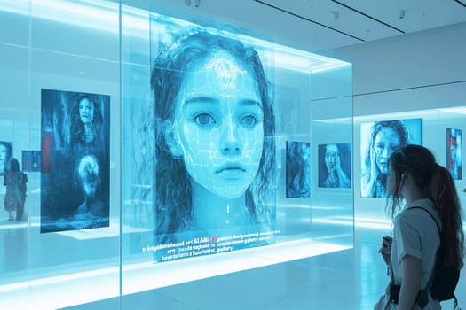 Visitors admire striking digital art pieces that explore human emotions and digital identity in a contemporary exhibition space.