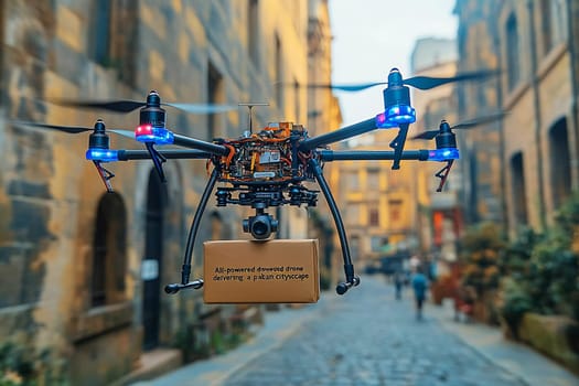 A drone navigates a narrow cobblestone street, delivering a package while surrounded by historic buildings bathed in sunlight.