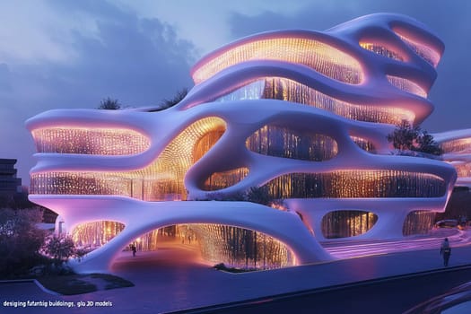 This structure displays extraordinary architecture with fluid forms and ambient lighting, creating a captivating urban landmark at dusk.