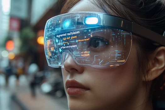 A person uses high-tech augmented reality glasses while navigating a lively urban area filled with lights and activity during the evening.