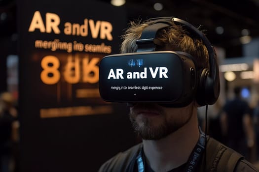Attendee engages with augmented reality and virtual reality technology while wearing a headset at a digital experience event.